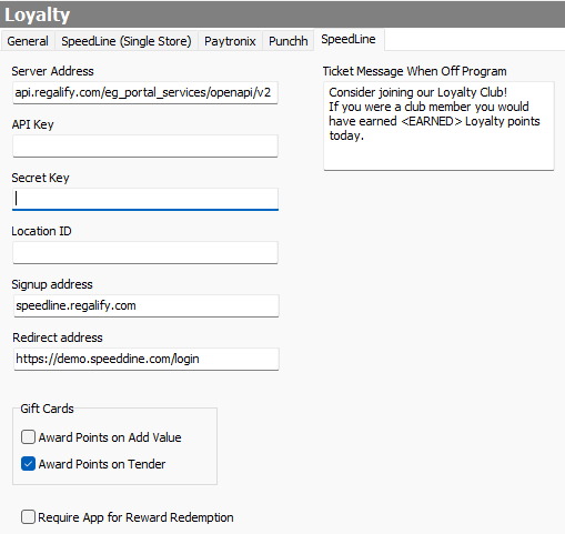 speedline-loyalty-settings